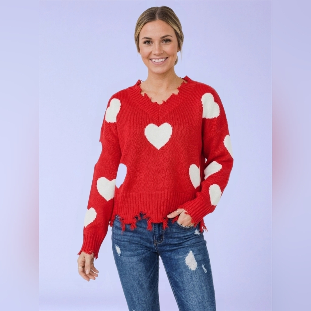 Mainstrip Closed To My Heart Red Distresed Heart Knit V Neck Sweater Sz M